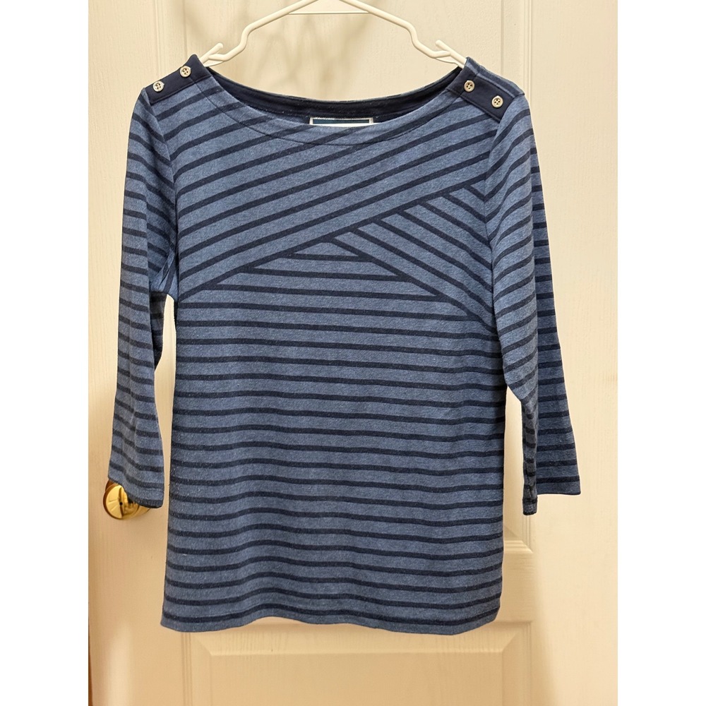 Karen Scott Womens Blue Striped Button Shoulder 3/4 Sleeve Top Medium